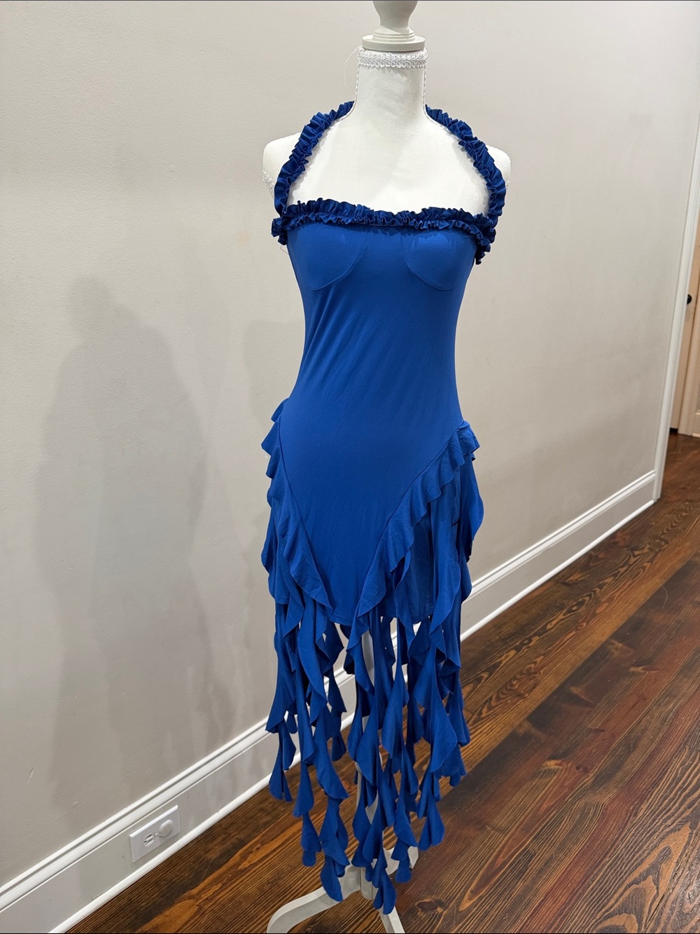 Royal Blue Asymmetrical Fringe Halter Dress
